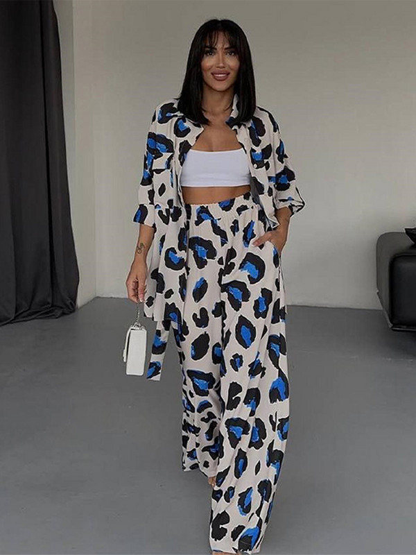 Ženski komplet hlača s leopard printom od 2 komada, košulja s dugim rukavima na preklop i odijelo s hlačama visokog struka, jesensko odijelo za uredsku damu, ulična odjeća