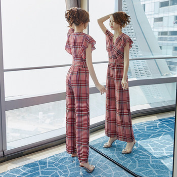 Καλοκαιρινές γυναικείες σέξι ολόσωμες φόρμες με κοντό μανίκι καρό φαρδύ πόδι Γυναικεία ολόσωμη φόρμα σιφόν ρόμπα 2062
