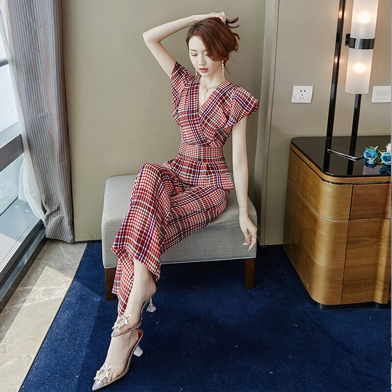 Letné dámske overaly s výstrihom do V, elegantné, s krátkym rukávom, kockované, so širokými nohavicami, dámske spoločenské oblečenie, šifónový overal 2062