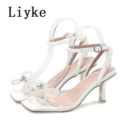 Liyke Elegantne ženske sandale, modne perle, letnje mašne, PVC cipele, četvrtaste cipele, remen za gležnjeve, sandalije na tanku petu