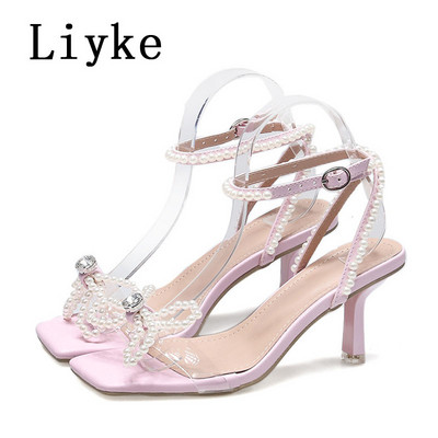 Liyke Elegantne ženske sandale, modne perle, letnje mašne, PVC cipele, četvrtaste cipele, remen za gležnjeve, sandalije na tanku petu