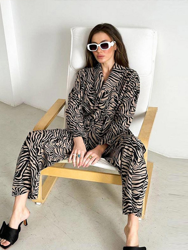 Módne pruhované potlačené dlhé nohavice, ležérny uzlový bodycon s dlhým rukávom a širokými nohavicami, elegantný outfit s vysokým pásom