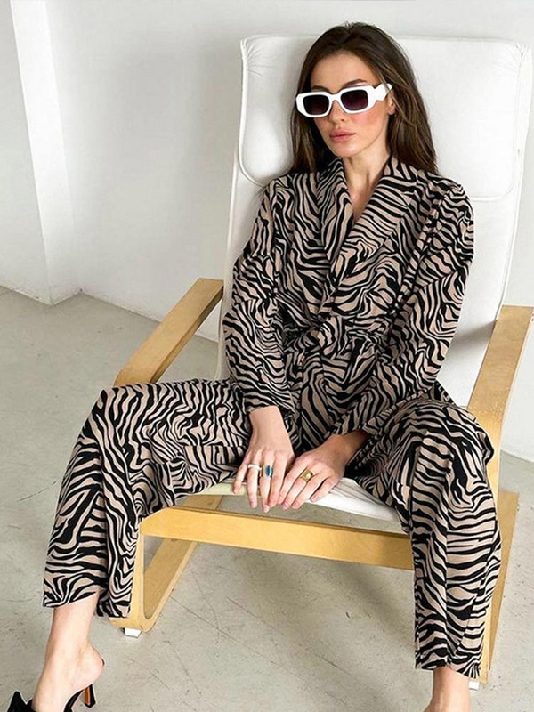 Módne pruhované potlačené dlhé nohavice, ležérny uzlový bodycon s dlhým rukávom a širokými nohavicami, elegantný outfit s vysokým pásom