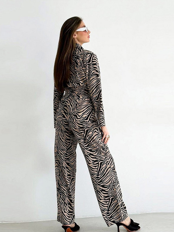 Módne pruhované potlačené dlhé nohavice, ležérny uzlový bodycon s dlhým rukávom a širokými nohavicami, elegantný outfit s vysokým pásom