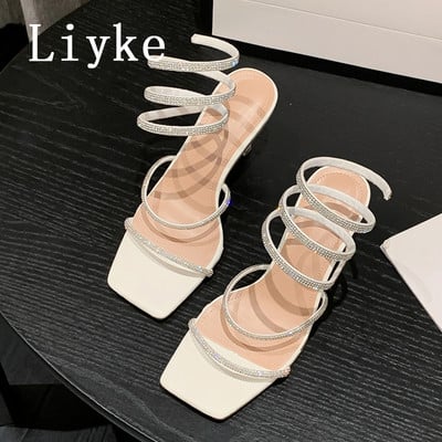 Liyke Summer 7CM Gladiator Sandals Women Fashion Crystal Slip On Glezne Curea Toc înalt Pantofi de rochie de petrecere Sandalias De Mujer