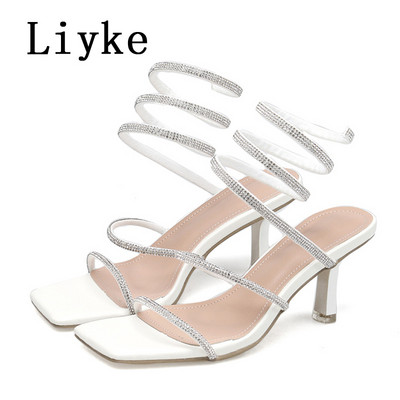Liyke Summer 7CM Gladiator Sandals Women Fashion Crystal Slip On Glezne Curea Toc înalt Pantofi de rochie de petrecere Sandalias De Mujer