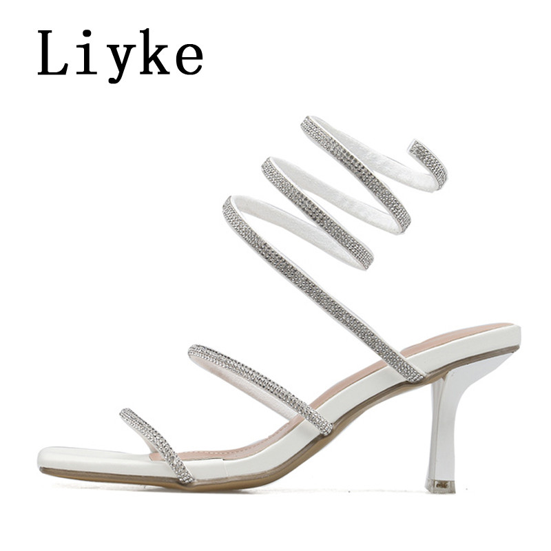 Liyke Summer 7CM Gladiator Sandals Women Fashion Crystal Slip On Glezne Curea Toc înalt Pantofi de rochie de petrecere Sandalias De Mujer