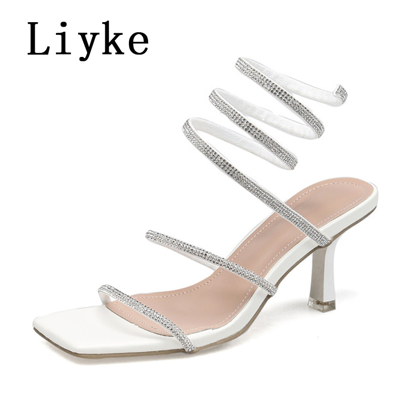 Liyke Summer 7CM Gladiator Sandals Women Fashion Crystal Slip On Glezne Curea Toc înalt Pantofi de rochie de petrecere Sandalias De Mujer