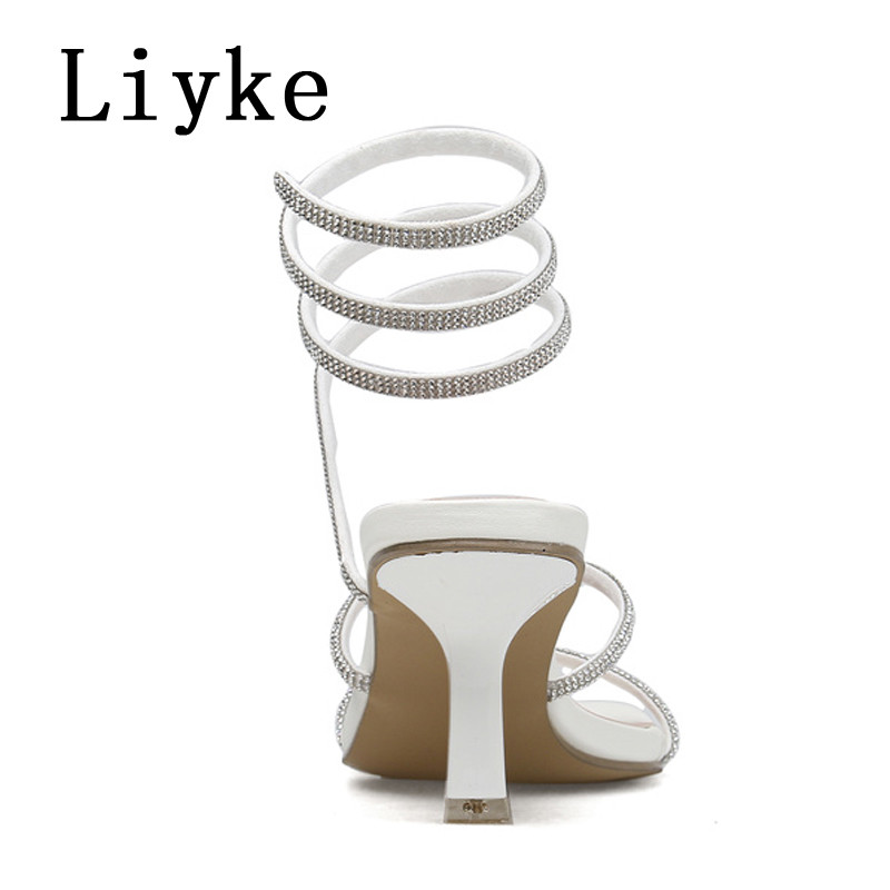 Liyke Summer 7CM Gladiator Sandals Women Fashion Crystal Slip On Glezne Curea Toc înalt Pantofi de rochie de petrecere Sandalias De Mujer