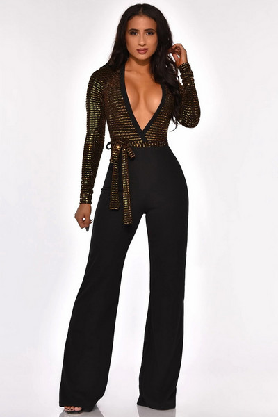 OKAYOASIS Seksi ženski kombinezon za zabavu s dubokim V-izrezom i dugim rukavima sa šljokicama Elegantni ležerni kombinezon širokih nogavica