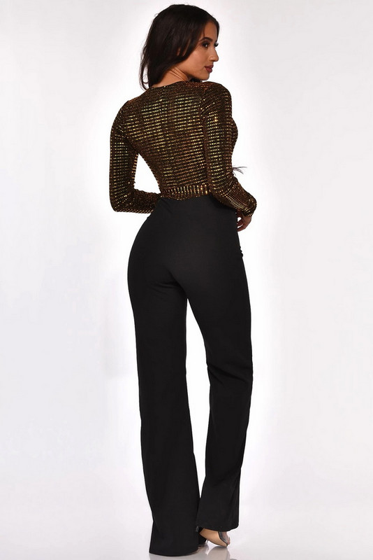 OKAYOASIS Seksi ženski kombinezon za zabavu s dubokim V-izrezom i dugim rukavima sa šljokicama Elegantni ležerni kombinezon širokih nogavica