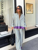 Ženski modni kompleti hlača od svilenih satenskih košulja s printom ColorBlock Ležerna odijela s ravnim hlačama širokih nogavica, Jesen 2022., 2-dijelni komplet za ulice