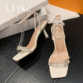 Liyke Ljetna moda sa svjetlucavim kamenčićima Ženske gladijatorske sandale s kristalnom kopčom, uskom trakom, četvrtasti prsti, cipele s tankom potpeticom od 7 cm Žene