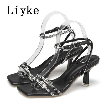 Liyke Ljetna moda sa svjetlucavim kamenčićima Ženske gladijatorske sandale s kristalnom kopčom, uskom trakom, četvrtasti prsti, cipele s tankom potpeticom od 7 cm Žene
