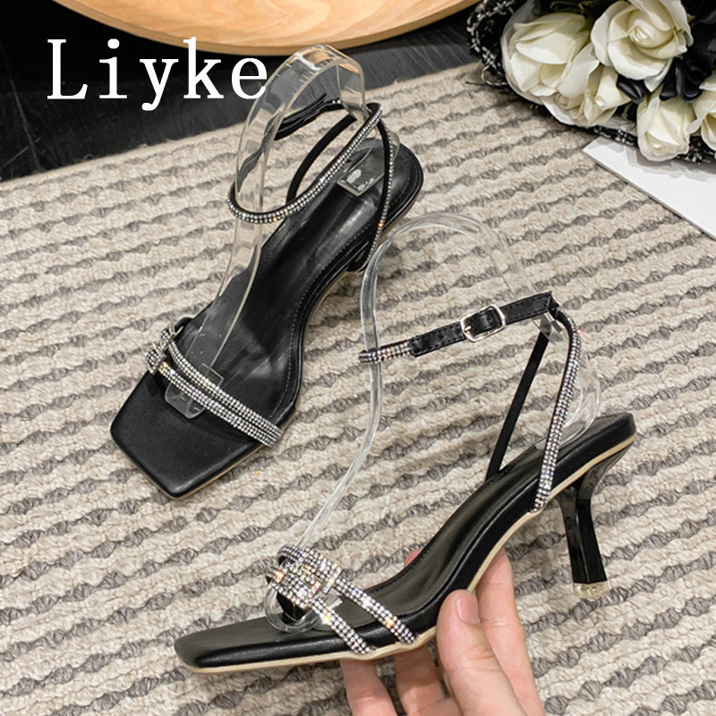 Liyke Ljetna moda sa svjetlucavim kamenčićima Ženske gladijatorske sandale s kristalnom kopčom, uskom trakom, četvrtasti prsti, cipele s tankom potpeticom od 7 cm Žene