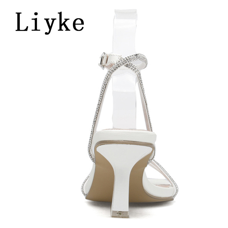 Liyke Ljetna moda sa svjetlucavim kamenčićima Ženske gladijatorske sandale s kristalnom kopčom, uskom trakom, četvrtasti prsti, cipele s tankom potpeticom od 7 cm Žene