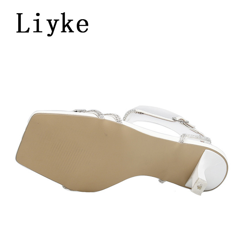 Liyke Ljetna moda sa svjetlucavim kamenčićima Ženske gladijatorske sandale s kristalnom kopčom, uskom trakom, četvrtasti prsti, cipele s tankom potpeticom od 7 cm Žene