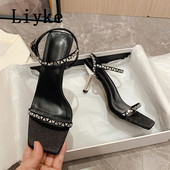 Liyke Summer Gladiator Σανδάλια Γυναικεία μόδα Κρυστάλλινα στρας Λουρί στον αστράγαλο Τετράγωνο δάχτυλο Λεπτά ψηλοτάκουνα παπούτσια για πάρτι Μπλε