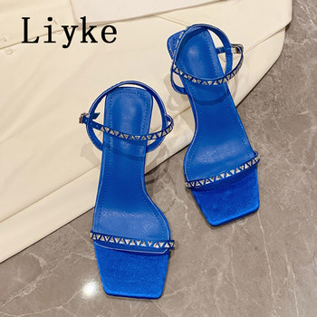 Liyke Summer Gladiator Σανδάλια Γυναικεία μόδα Κρυστάλλινα στρας Λουρί στον αστράγαλο Τετράγωνο δάχτυλο Λεπτά ψηλοτάκουνα παπούτσια για πάρτι Μπλε