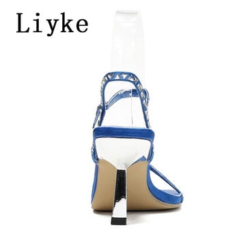 Liyke Summer Gladiator Σανδάλια Γυναικεία μόδα Κρυστάλλινα στρας Λουρί στον αστράγαλο Τετράγωνο δάχτυλο Λεπτά ψηλοτάκουνα παπούτσια για πάρτι Μπλε