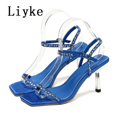 Liyke Summer Gladiator Σανδάλια Γυναικεία μόδα Κρυστάλλινα στρας Λουρί στον αστράγαλο Τετράγωνο δάχτυλο Λεπτά ψηλοτάκουνα παπούτσια για πάρτι Μπλε