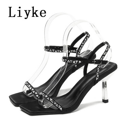 Liyke Summer Gladiator Σανδάλια Γυναικεία μόδα Κρυστάλλινα στρας Λουρί στον αστράγαλο Τετράγωνο δάχτυλο Λεπτά ψηλοτάκουνα παπούτσια για πάρτι Μπλε