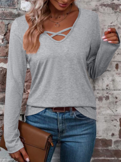 Dámske tričko s dlhým rukávom, jeseň/zima, výstrih do V, jednofarebný sveter, módne ležérne košele