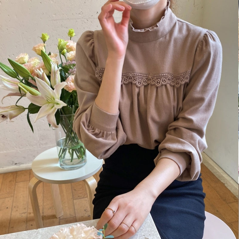Dámska blúzka s kórejským volánikom a polrolákom, skladaná čipka, elegantné šitie, sveter s lanternovými rukávmi, tenká bavlnená košeľa s dolným okrajom 12487