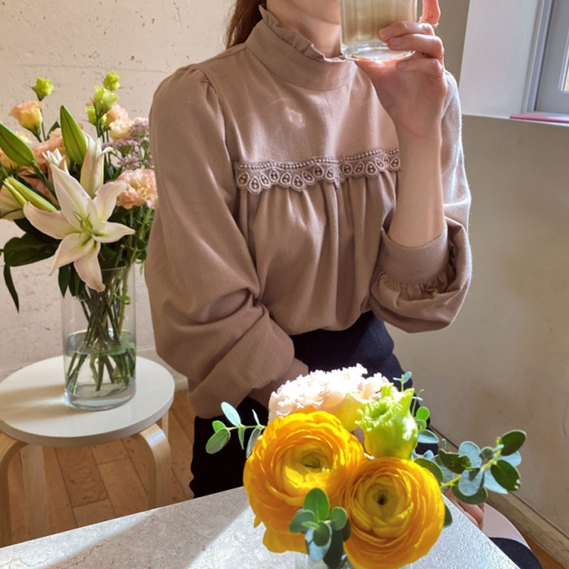 Dámska blúzka s kórejským volánikom a polrolákom, skladaná čipka, elegantné šitie, sveter s lanternovými rukávmi, tenká bavlnená košeľa s dolným okrajom 12487