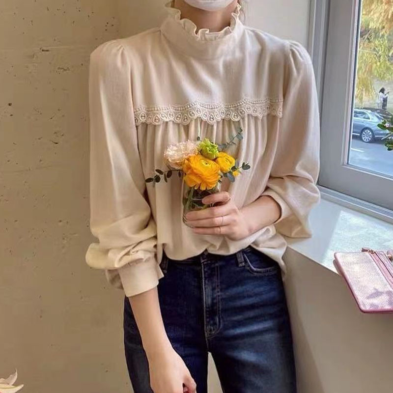 Dámska blúzka s kórejským volánikom a polrolákom, skladaná čipka, elegantné šitie, sveter s lanternovými rukávmi, tenká bavlnená košeľa s dolným okrajom 12487