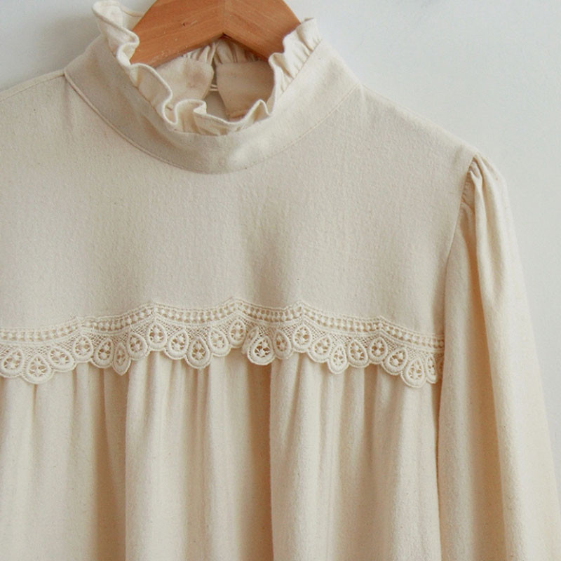 Dámska blúzka s kórejským volánikom a polrolákom, skladaná čipka, elegantné šitie, sveter s lanternovými rukávmi, tenká bavlnená košeľa s dolným okrajom 12487