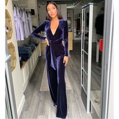 Jesenski ženski modni seksi uski kombinezon s dubokim V-izrezom, dugim rukavima i visokim strukom, povezom za žene, ležerne široke hlače, dugi kombinezoni