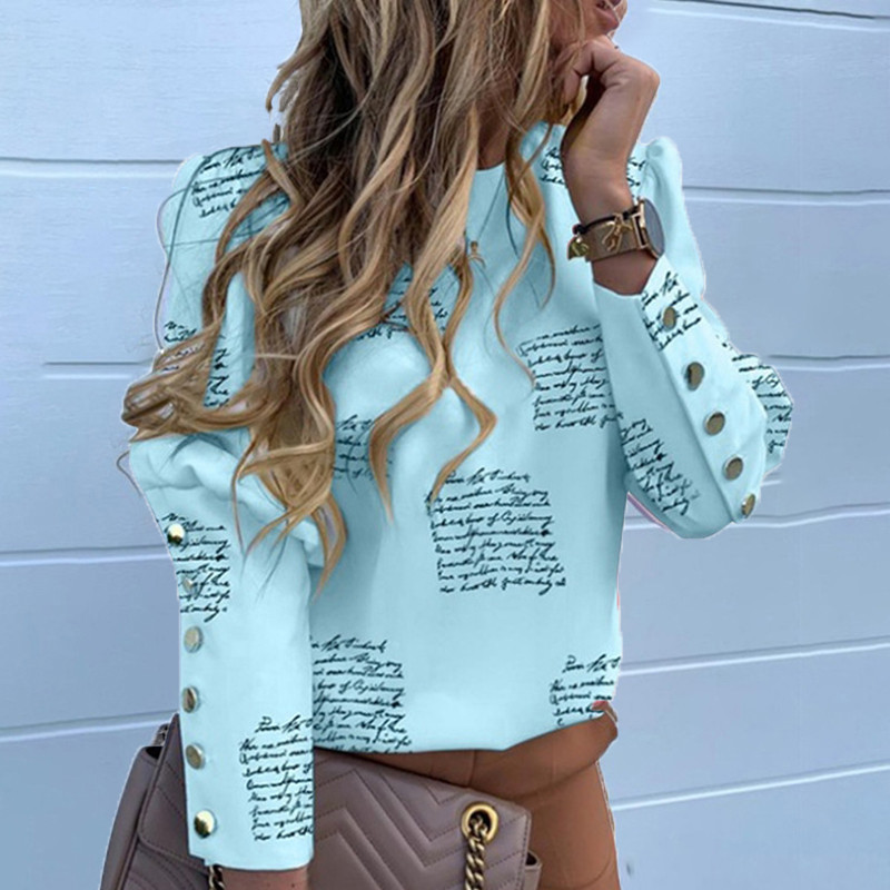 Nova jesen 2023. Pulover s lampion rukavima, temperamentna uredska dama, široka košulja s O-izrezom, elegantna gornja bluza s gumbima