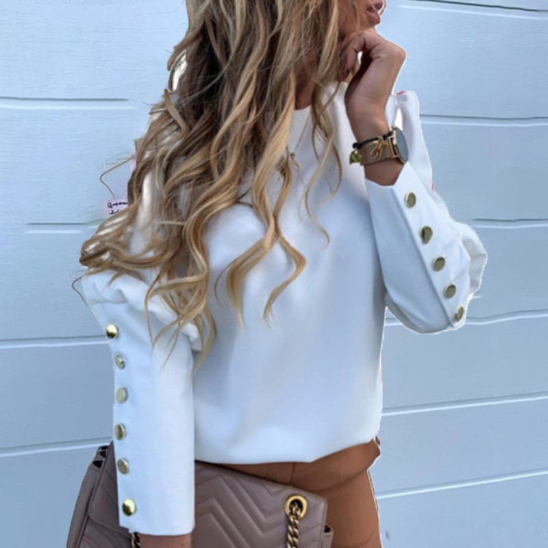 Nova jesen 2023. Pulover s lampion rukavima, temperamentna uredska dama, široka košulja s O-izrezom, elegantna gornja bluza s gumbima