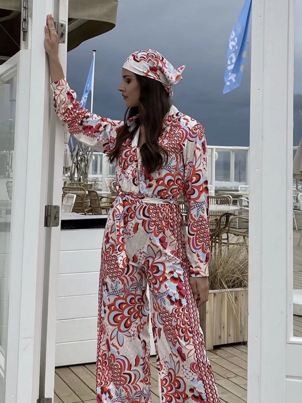 Ženski modni ležerni kombinezon s V izrezom i dugim rukavima ženski vintage kombinezon ženski elegantni ravni kombinezon