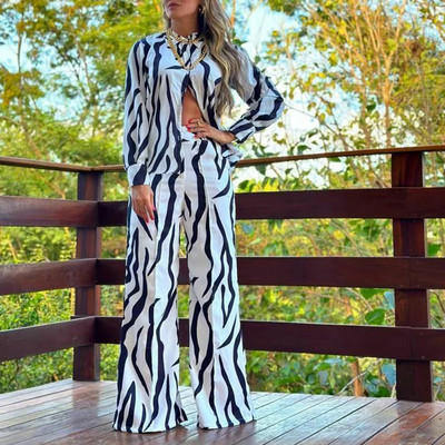 Ζέβρα ριγέ στάμπα Γυναικείο Σετ Μοδάτο Μακρυμάνικο Πουκάμισο & Φαρδύ Παντελόνι Γυναικεία Casual Φαρδιά Μπλούζα Δύο Κοστούμια