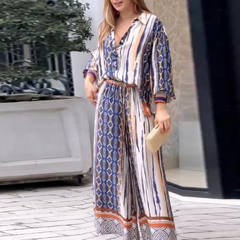 Commuter Lady Elegant Print Δύο Τεμάχια Μπλούζες πέτο με ελατήρια με κουμπιά και φαρδιά παντελόνια Νέο φθινοπωρινό μακρυμάνικο γυναικείο κοστούμι