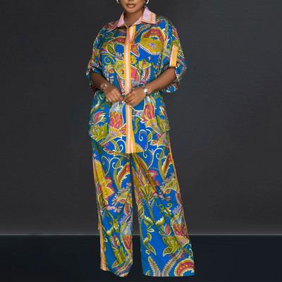 Ležérny jarný jesenný voľný 2-dielny set Retro dámsky plážový domáci oblek Dámske oblečenie s francúzskou potlačou, blúzka, košeľa, dlhé nohavice