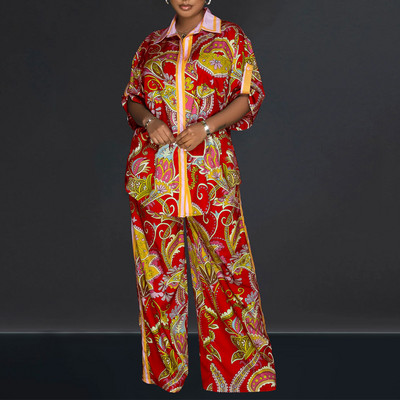 Ležérny jarný jesenný voľný 2-dielny set Retro dámsky plážový domáci oblek Dámske oblečenie s francúzskou potlačou, blúzka, košeľa, dlhé nohavice