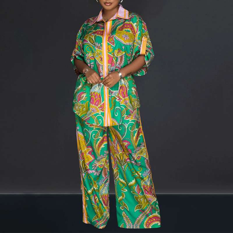 Ležérny jarný jesenný voľný 2-dielny set Retro dámsky plážový domáci oblek Dámske oblečenie s francúzskou potlačou, blúzka, košeľa, dlhé nohavice