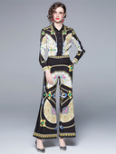 Novi dvodijelni set za modnu pistu za 2022. Ženska bluza s lančićima s cvjetnim printom dugih rukava i odijelo s hlačama sa širokim nogavicama visokog struka