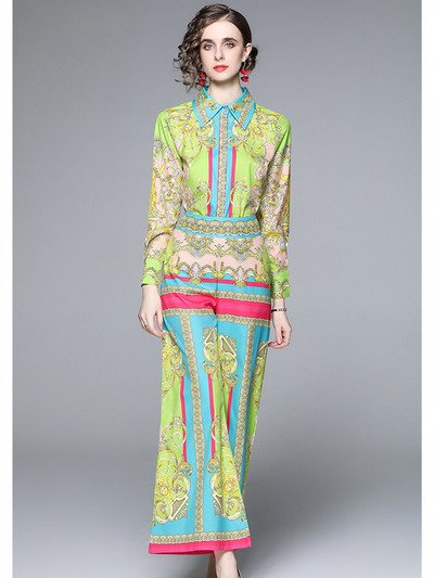 Novi dvodijelni set za modnu pistu za 2022. Ženska bluza s lančićima s cvjetnim printom dugih rukava i odijelo s hlačama sa širokim nogavicama visokog struka