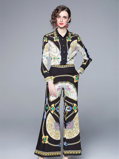 Novi dvodijelni set za modnu pistu za 2022. Ženska bluza s lančićima s cvjetnim printom dugih rukava i odijelo s hlačama sa širokim nogavicama visokog struka