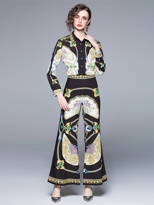 Novi dvodijelni set za modnu pistu za 2022. Ženska bluza s lančićima s cvjetnim printom dugih rukava i odijelo s hlačama sa širokim nogavicama visokog struka