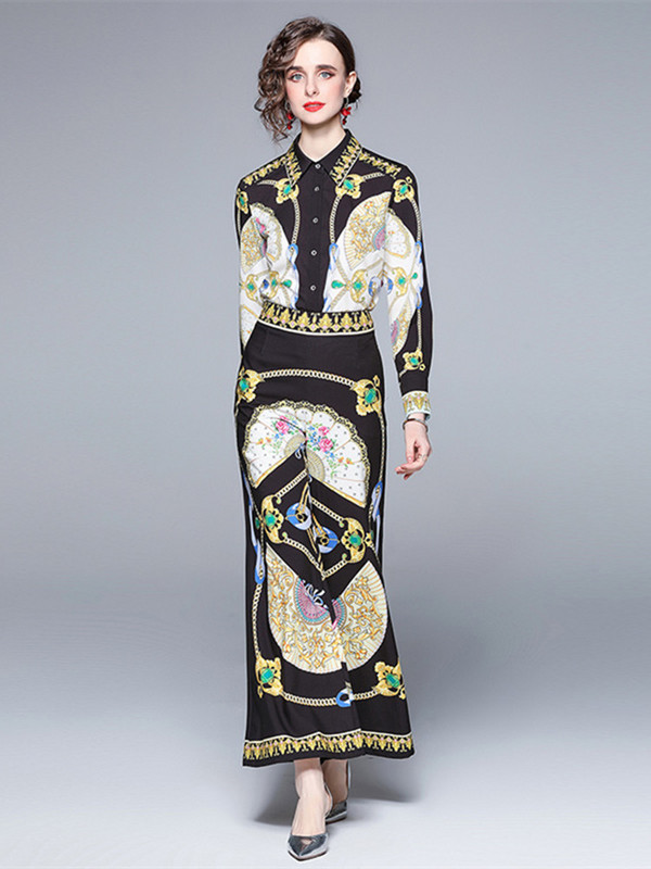 Novi dvodijelni set za modnu pistu za 2022. Ženska bluza s lančićima s cvjetnim printom dugih rukava i odijelo s hlačama sa širokim nogavicama visokog struka