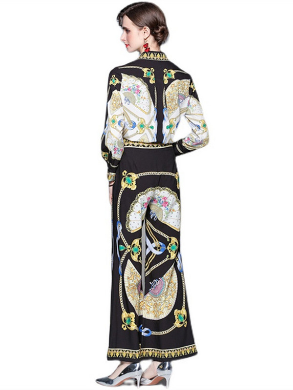 Novi dvodijelni set za modnu pistu za 2022. Ženska bluza s lančićima s cvjetnim printom dugih rukava i odijelo s hlačama sa širokim nogavicama visokog struka