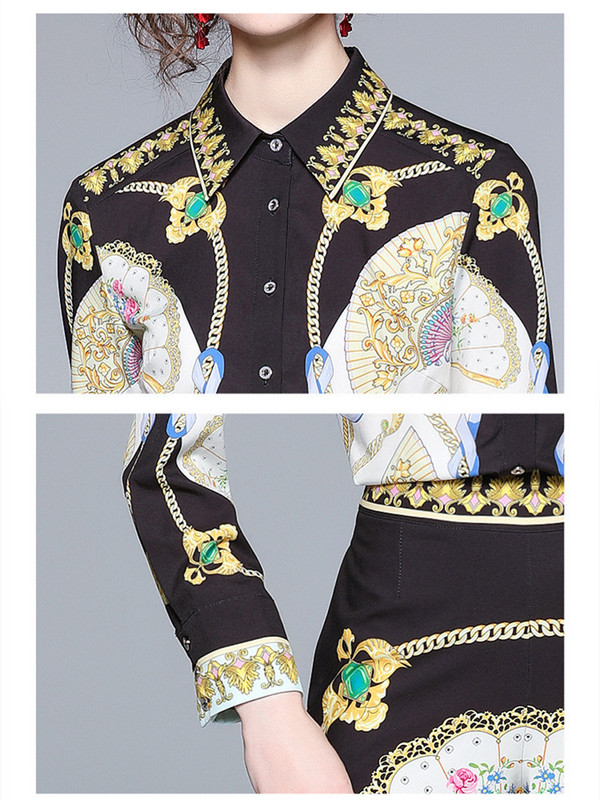 Novi dvodijelni set za modnu pistu za 2022. Ženska bluza s lančićima s cvjetnim printom dugih rukava i odijelo s hlačama sa širokim nogavicama visokog struka