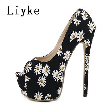 Liyke Summer Peep Toe Ultra High Stiletto Heels Fashion Print Platform Pumps Women Party Night Club Shoes Shoes Zapatos Mujer