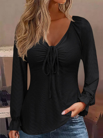 2023, toamnă iarnă, cu cravată cu volan, bluză cu mâneci raglan, femei negre, modă vintage, cu mânecă lungă pentru femei, topuri casual în stil stradal