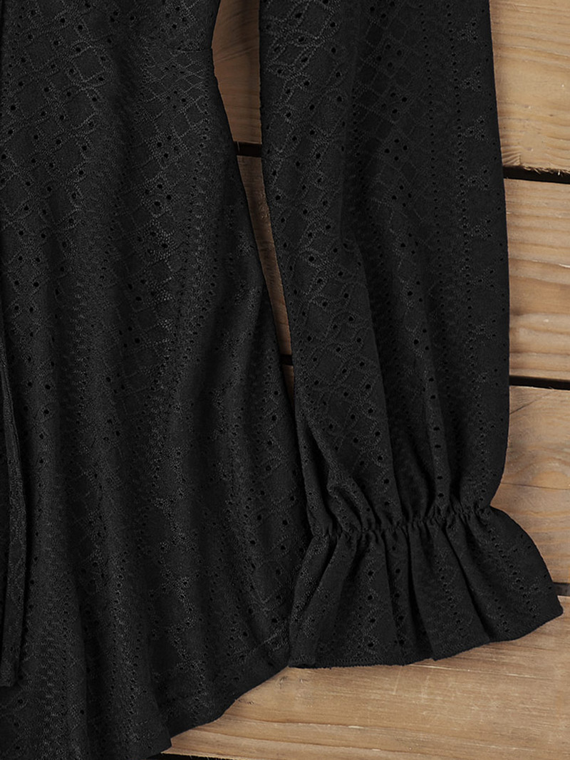 2023, toamnă iarnă, cu cravată cu volan, bluză cu mâneci raglan, femei negre, modă vintage, cu mânecă lungă pentru femei, topuri casual în stil stradal